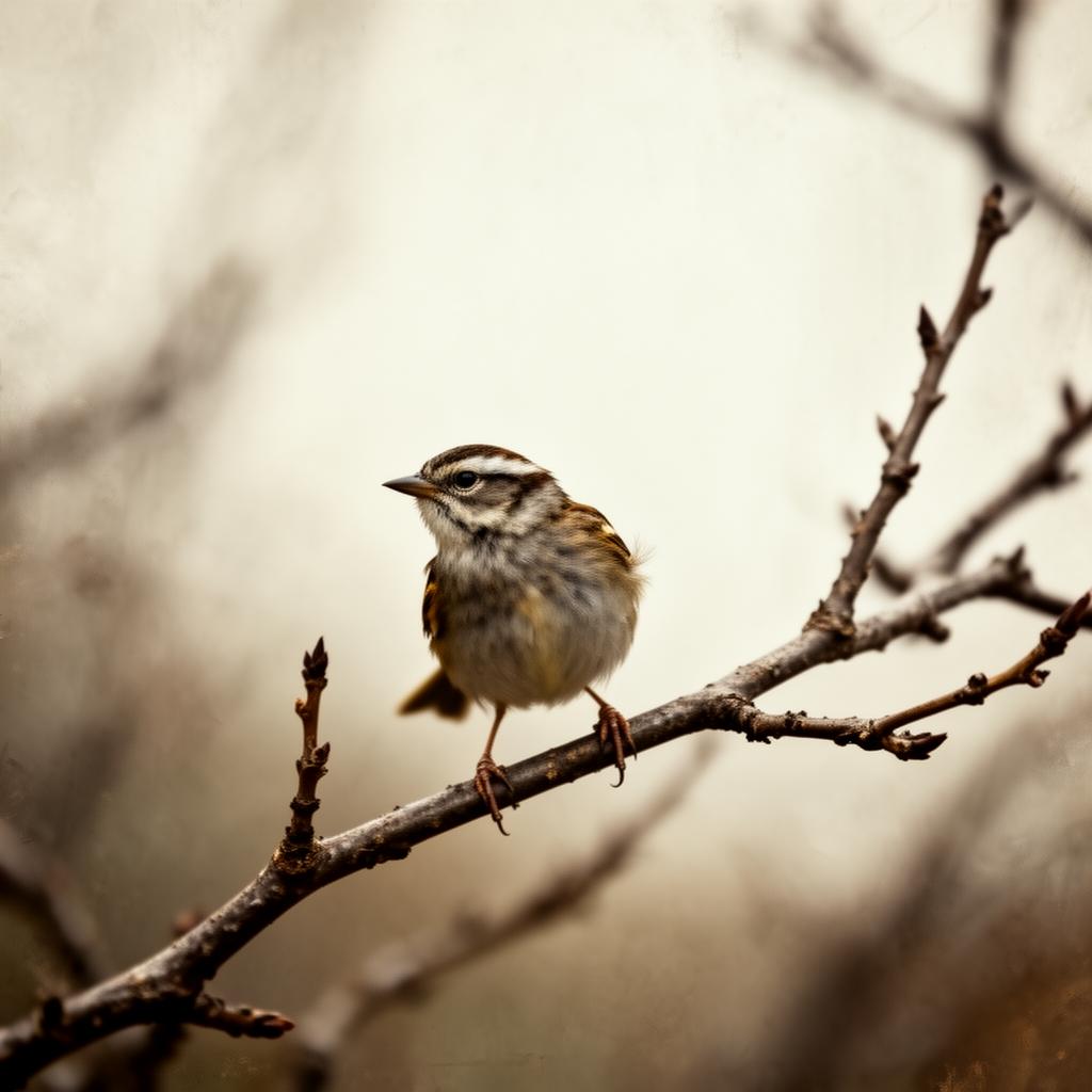 A Swamp Sparrow perched on a budding branch